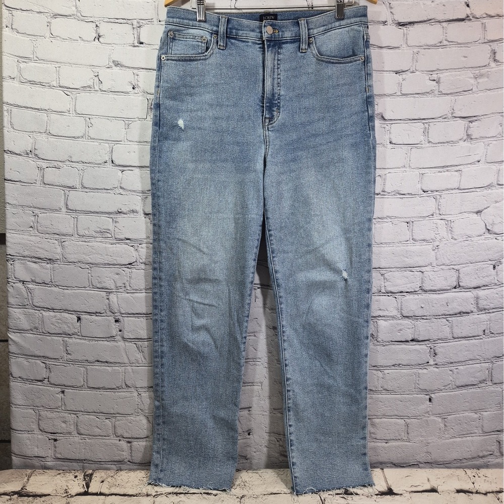 J.Crew Stovepipe Jeans Womens 31 Light Wash High Rise Straight Leg Raw Hem Blue
